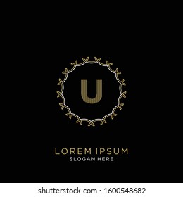 Golden and white vector frame with letter U