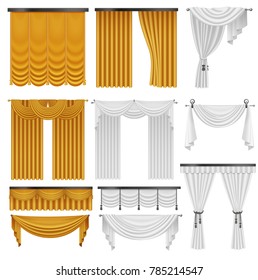 Golden and white velvet silk curtains and draperies set. Interior realistic luxury curtains decoration design.