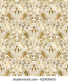 Golden white vintage seamless pattern. Gold royal classic baroque wallpaper. Arabic background ornament.