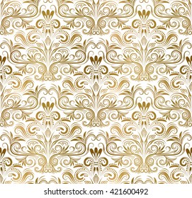 Golden white vintage seamless pattern. Gold royal classic baroque wallpaper. Arabic background ornament.