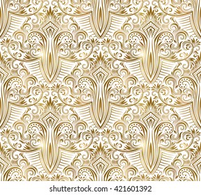 Golden white vintage seamless pattern. Gold royal classic baroque wallpaper. Arabic background ornament.