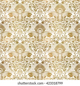Golden white vintage seamless pattern. Gold royal classic baroque wallpaper. Arabic background ornament.
