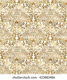 Golden white vintage seamless pattern. Gold royal classic baroque wallpaper. Arabic background ornament.