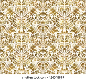 Golden white vintage seamless pattern. Gold royal classic baroque wallpaper. Arabic background ornament.