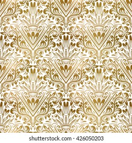 Golden white vintage seamless pattern. Gold royal classic baroque wallpaper. Arabic background ornament.