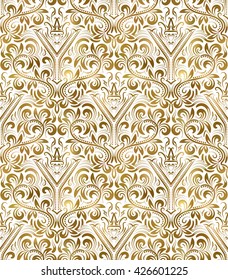 Golden white vintage seamless pattern. Gold royal classic baroque wallpaper. Victorian background ornament.