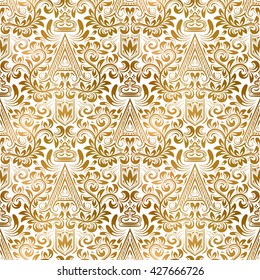 Golden white vintage seamless pattern. Gold royal classic baroque wallpaper. Victorian background ornament.