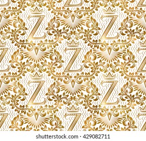 Golden white vintage seamless pattern. Gold royal classic baroque wallpaper. Victorian background ornament.