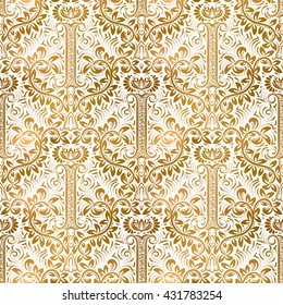 Golden white vintage seamless pattern. Gold royal classic baroque wallpaper. Antique background ornament.