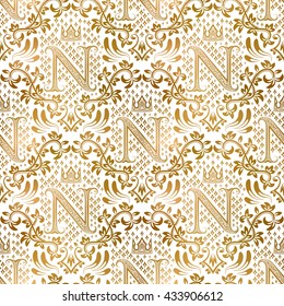 Golden white vintage seamless pattern. Gold royal classic baroque wallpaper. Antique background ornament.