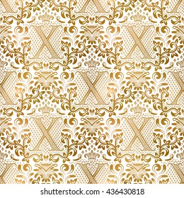 Golden white vintage seamless pattern. Gold royal classic baroque wallpaper. Antique background ornament.