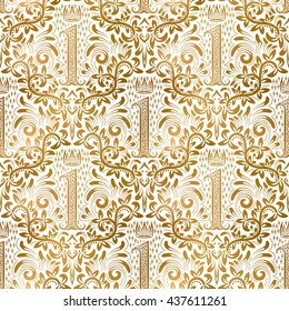 Golden white vintage seamless pattern. Gold royal classic baroque wallpaper. Antique background ornament.
