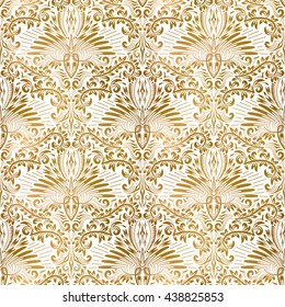 Golden white vintage seamless pattern. Gold royal classic baroque wallpaper. Antique background ornament.