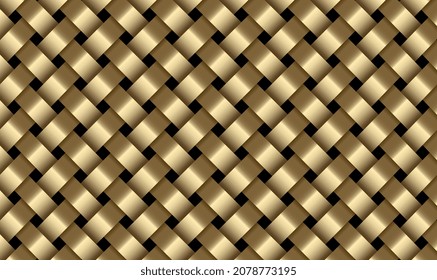Golden wicker pattern. Gold weave vector seamless pattern. Luxury woven texture. Metallic weave ribbons. Gold metal ornament. Interlacing surface. Premium decoration for design. Vector illustration.