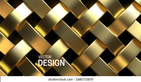 Golden wicker pattern. Vector 3d realistic illustration. Luxury woven texture. Metallic weave ribbons. Abstract jewelry background. Gold metal ornament. Interlacing surface. Decoration for design