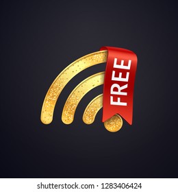 Golden wifi vector icon with red ribbon and text Free. Gold free wi fi wireless symbol. Isolated textured wi-fi logo on dark background