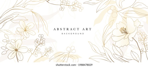 Golden Wild Flowers line art background vector. Luxury abstract art background with artificial flowers, Gold leaves, eucalyptus, trending hydrangea and summer blooms. Botanical wedding wallpaper. 