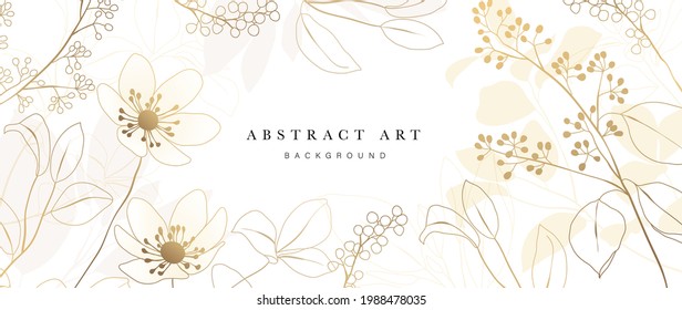 Golden Wild Flowers line art background vector. Luxury abstract art background with artificial flowers, Gold leaves, eucalyptus, trending hydrangea and summer blooms. Botanical wedding wallpaper. 