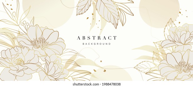 Golden Wild Flowers line art background vector. Luxury abstract art background with artificial flowers, Gold leaves, eucalyptus, trending hydrangea and summer blooms. Botanical wedding wallpaper. 