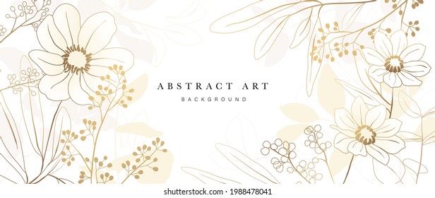 Golden Wild Flowers line art background vector. Luxury abstract art background with artificial flowers, Gold leaves, eucalyptus, trending hydrangea and summer blooms. Botanical wedding wallpaper. 