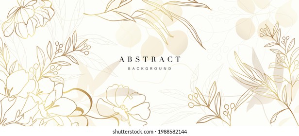 Golden Wild Flowers line art background vector. Luxury abstract art background with artificial flowers, Gold leaves, eucalyptus, trending hydrangea and summer blooms. Botanical wedding wallpaper. 