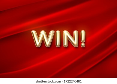 Golden WIN! sign on red fabric background. Vector 3d illustration. Competition or gaming concept. Gold realistic letters on drapered textile. Winner congratulation banner.