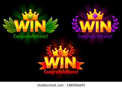 Golden WIN. Vector versions Isolated logo Win with colored precious gems for developing 2D games.