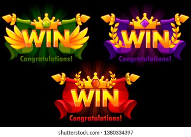 Golden WIN. Vector versions Isolated logo Win with colored precious gems for developing 2D games.