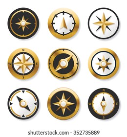 Golden wind rose golden compasses in set. Isolated  wind rose compass with black and golden colors