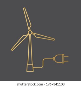 golden windmill turbine with a power plug, green renewable energy concept- vector illustration