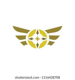 Golden wing with circle and star logo