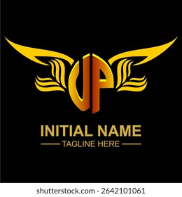 UP Golden Wing Emblem Logo with elegant gold wings, sleek and modern design. Ideal for branding, creative projects, luxury businesses, or artistic ventures.