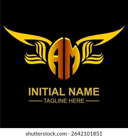 AM Golden Wing Emblem Logo with elegant gold wings, sleek and modern design. Ideal for branding, creative projects, luxury businesses, or artistic ventures.