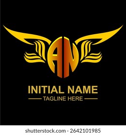AN Golden Wing Emblem Logo with elegant gold wings, sleek and modern design. Ideal for branding, creative projects, luxury businesses, or artistic ventures.