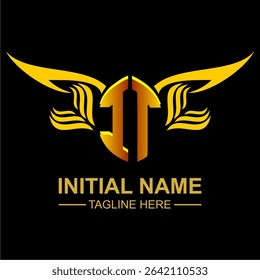 IT Golden Wing Emblem Logo with elegant gold wings, sleek and modern design. Ideal for branding, creative projects, luxury businesses, or artistic ventures.