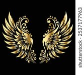 Golden Wing Icon Set: Vintage Angel, Bird and Cupid Wings in Black and Gold with Ornamental Frames and Decorative Silhouettes for Elegant Logo and Icon Design