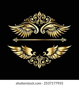 Conjunto de Ícones de Asa Dourada: Anjo Vintage, Aves e Cupido Asas em Preto e Ouro com Quadros Ornamentais e Silhuetas Decorativas para Logotipo Elegante e Design de Ícones