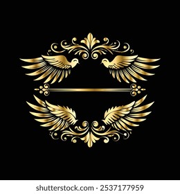 Golden Wing Icon Set: Vintage Angel, Bird and Cupid Wings in Black and Gold with Ornamental Frames and Decorative Silhouettes for Elegant Logo and Icon Design