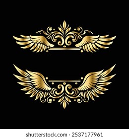 Golden Wing Icon Set: Vintage Angel, Bird and Cupid Wings in Black and Gold with Ornamental Frames and Decorative Silhouettes for Elegant Logo and Icon Design