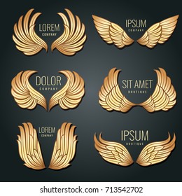 Golden wing logo vector set. Angels and bird elite gold labels for corporate identity design. Angel and eagle flight wings badge illustration