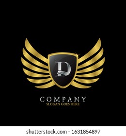 Golden Wing Shield  Luxury Initial  Letter D logo design concept.