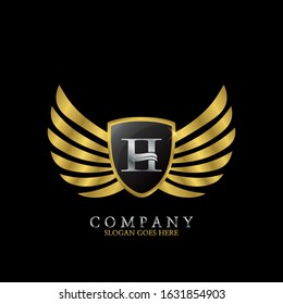 Golden Wing Shield  Luxury Initial  Letter H logo design concept.