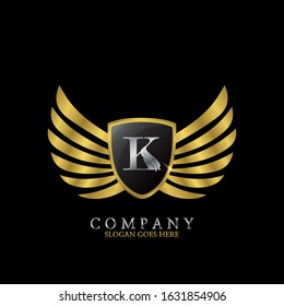 Golden Wing Shield  Luxury Initial  Letter K logo design concept.