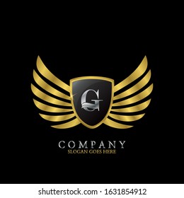 Golden Wing Shield  Luxury Initial  Letter G logo design concept.