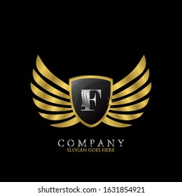 Golden Wing Shield  Luxury Initial  Letter F logo design concept.