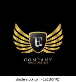 Golden Wing Shield  Luxury Initial  Letter E logo design concept.