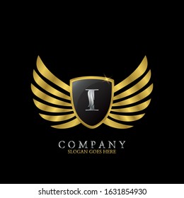Golden Wing Shield  Luxury Initial  Letter I logo design concept.