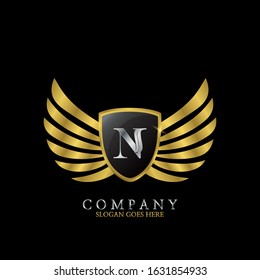 Golden Wing Shield  Luxury Initial  Letter N logo design concept.