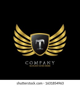 Golden Wing Shield  Luxury Initial  Letter T logo design concept.