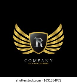 Golden Wing Shield  Luxury Initial  Letter R logo design concept.
